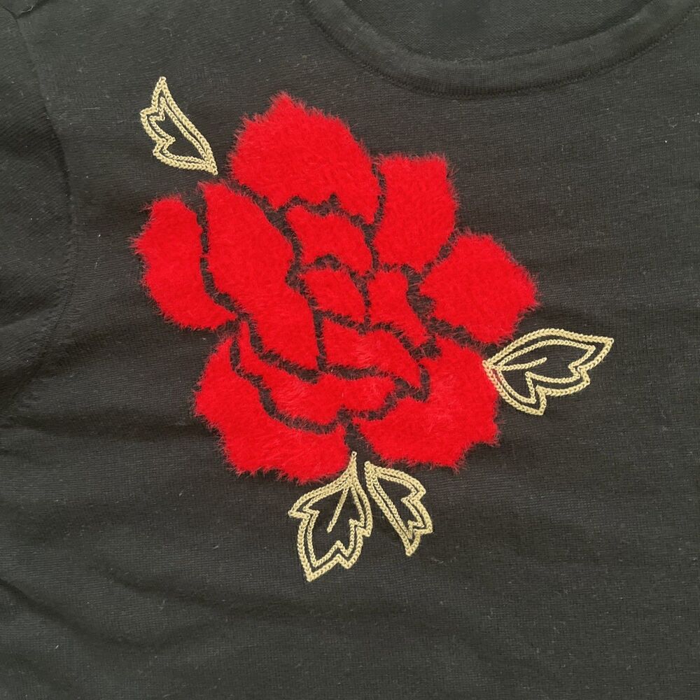 Alfred Dunner Romantic Fuzzy Red Rose Black Sweater Cozy Cottage Flower Size 2X - Picture 5 of 9
